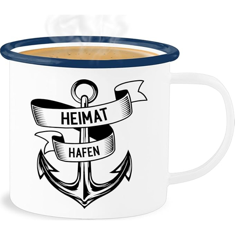 Emaliuotas skardinis puodelis - pareiškimas - Home Port Anchor - 300 ml - Baltai mėlynas - Pareiškimai
