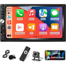 Double DIN Radio with Wired Carplay & Android Car - 7 Inch Touchscreen Car Radio 2 DIN with Mirror Link, Bluetooth, FM Radio, SWC, USB/AUX/SD Input + Reversing Camera