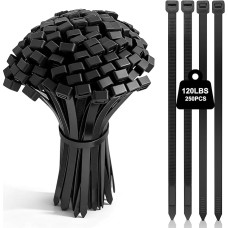 Pakuotė 250 juodos spalvos kabelių kaklaraiščių Sunkiosios paskirties kabelių kaklaraiščiai 200 mm x 7,6 mm ilgio su 55 kg tempimo stiprumo patalpų lauko UV spindulių atsparūs