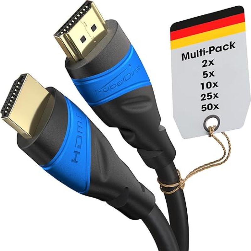 KabelDirekt 8K ir 4K HDMI kabelis, 2 x 5 m, sukurtas Vokietijoje, skirtas bet kokiam HDMI kabelio nustatymui (10K, 8K@60Hz ir 4K@120Hz, didelės spartos HDMI su eternetu, Blu-ray, PS5, Xbox serija, jungiklis)