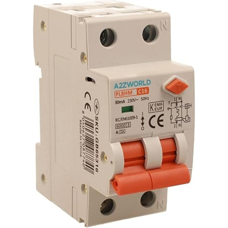 A tipo grandinės pertraukiklis, 1P+N 6KA 30mA 220V, užimtas 2 DIN moduliai, RCBO A tipo C16 16A