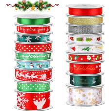 SANNIX 18 Rolls 90 Yards Christmas Ribbons Printed Grosgrain Ribbon Metallic Glitter Craft Fabric for Christmas Gift Wrapping Decoration 3 Sizes