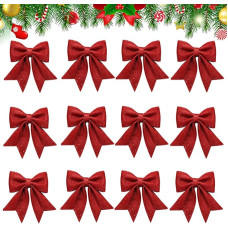 Pack of 12 Christmas Bows, Christmas Tree Bows Red, Red Bows Christmas, Glitter Bows Christmas Decoration, Christmas Tree Decoration Bows for Christmas (Red)