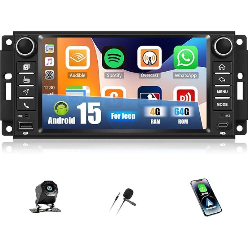 CAMECHO 4+64G 7 Inch Android 15 Car Radio for Jeep Wrangler Dodge Challenger Compass, Navi Radio Bluetooth with GPS WiFi Wireless Carplay Android Car RDS FM Mirror Link + Reversing Camera