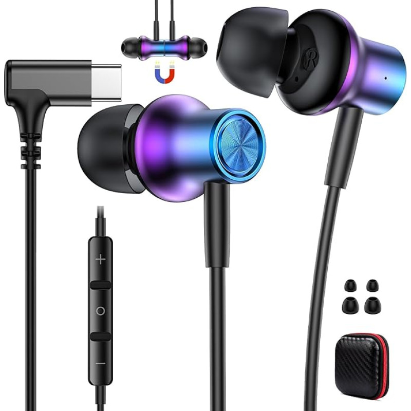 USB C ausinės iPhone 16e 17 Air 16 15 Pro Max Plus, magnetinės ausinės su mikrofonu ir garsumo valdymu, laidinės USB-C ausinės Galaxy S25 S24 S23 S22 Pixel 10 9 8 7