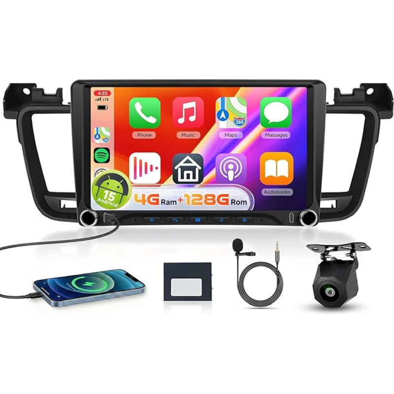 【4+128G】 Hodozzy Carplay Autoradio für Peugeot 508 2011-2018 mit USB Typ C, Android Autoradio 9 Zoll In-Cell Bildschirm mit Android Auto/WiFi/GPS/RDS/FM/Bluetooth+Rückfahrkamera