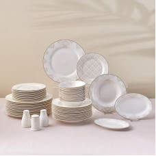Karaca Elegance Bone Siena - 53-Piece Crockery Set for 12 People, Modern Porcelain Plate Set with Soup Bowls, Serving Plate, Deep Plate, Dessert Plates - White & Gold