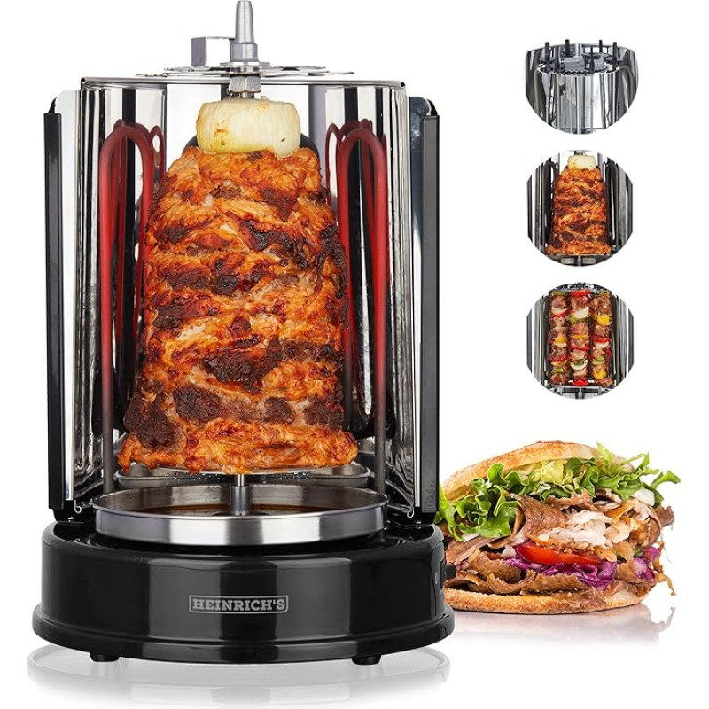 Heinrich´s Kebabų kepsninė namams, Kebabų kepsninė, Rotissiere vištienos kepsninė, Gyros Kebab, Rotisserie iešmas, elektrinė kepsninė, BBQ, stalinė kepsninė, vertikali kepsninė, pagaminta iš nerūdijančio plieno su 6 kebabų iešmais
