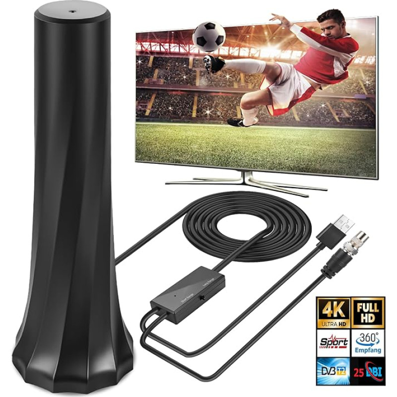 DVB-T/DVB-T2 antena su stiprintuvu, HDTV vidaus antena televizoriui, 360° priėmimo kampu, 5 m ilgio kabelis, palaiko 4K/1080P HD kanalus ir visus televizorius