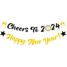Happy New Year with Cheers to 2023 Banner Bunting New Year's Eve Black Gold Glitter Background for Party Decorations