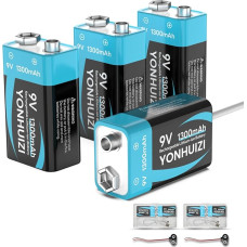 9 V įkraunamos baterijos, 1300 mAh 9 V ličio jonų baterija, USB-C įkrovimo laidas, 9 V sagties kištukas su laikymo dėžute, skirta dūmų detektoriams, studentų eksperimentams ar kitiems prietaisams (4 vnt.)