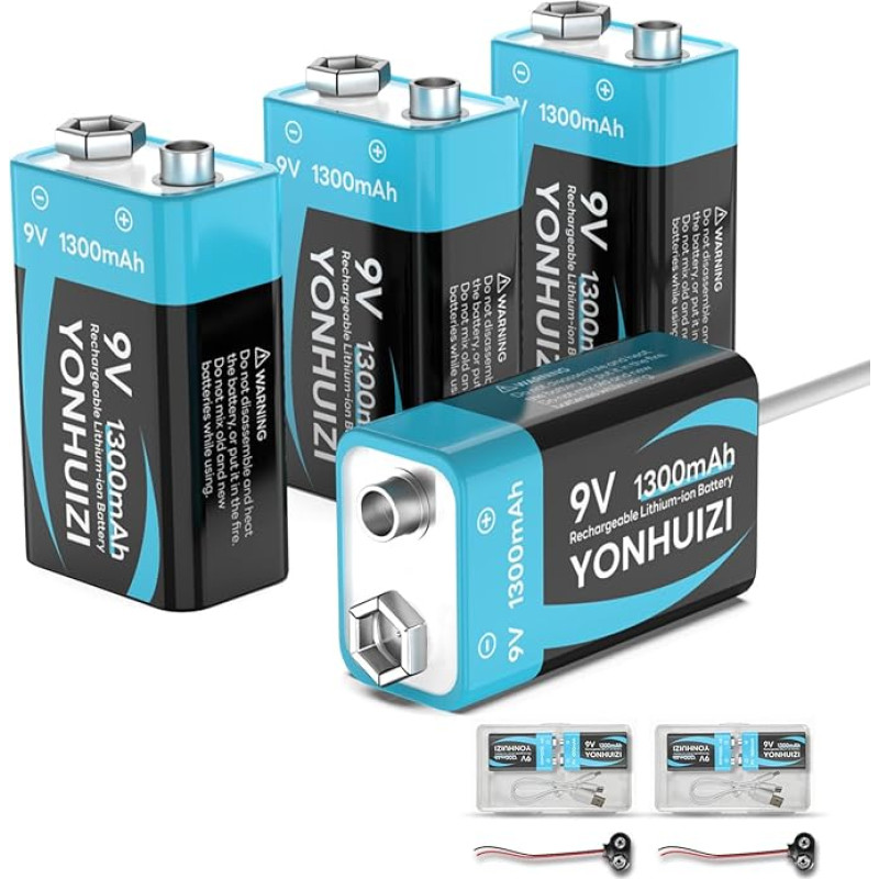 9 V įkraunamos baterijos, 1300 mAh 9 V ličio jonų baterija, USB-C įkrovimo laidas, 9 V sagties kištukas su laikymo dėžute, skirta dūmų detektoriams, studentų eksperimentams ar kitiems prietaisams (4 vnt.)