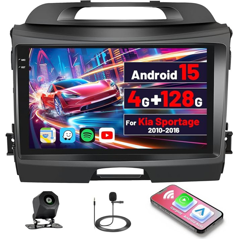 Inefala Android 15 2G/64G automobilinis radijas GPS navigacija Kia Sportage 2010-2016 m. Radijas Belaidis Carplay Android automobilis, 9 colių jutiklinis ekranas, GPS, WiFi, BT, USB, FM RDS, EQ, MIC, CAM