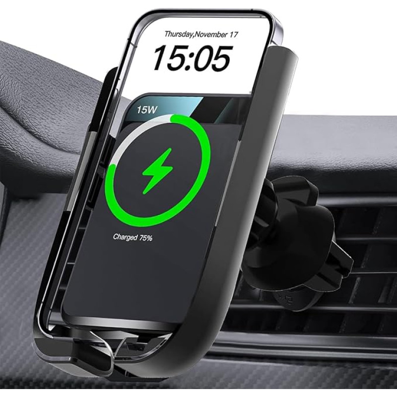 Belaidis automobilinis įkroviklis Elektromagnetinis Qi 15 W greitasis įkrovimas 1 paspaudimas Automatinis spaustukas ir atidarytas telefono laikiklis, skirtas 