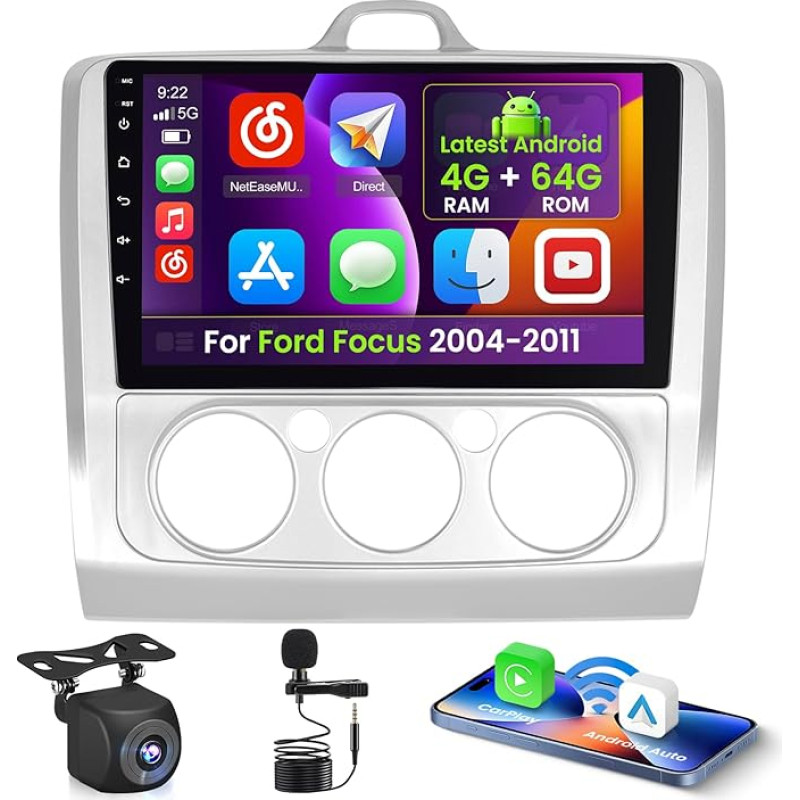 Inefala 4+64G Android 15 Autoradio für Ford Focus 2004-2011 mit Wireless CarPlay Android Auto, 9 Zoll Bildschirm Unterstützung FM RDS 32EQ GPS Bluetooth WiFi SWC AHD Rückfahrkamera