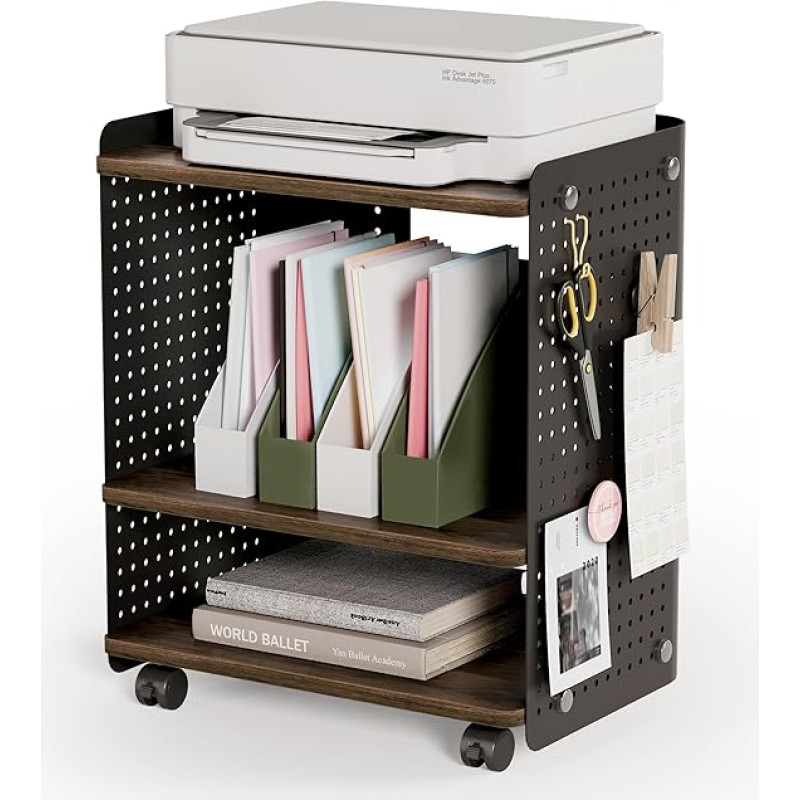 Fenge Printer Table with Wheels Mobile Printer Holder with Pegboard 3 Level Printer Stand/Roll Container with Organiser Shelf Filing Cabinet for Office Home 45.3 x 33.5 x 53.5 cm (Brown + Black)