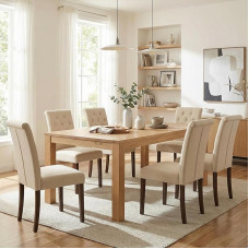 Clevich Dining Room Chairs, Set of 6, Button-Stapled Upholstered Chairs Chesterfield Style with Solid Wood Legs, Soft Padded Seat, for Dining Room and Kitchen (Beige, 6 Pieces, Linen)