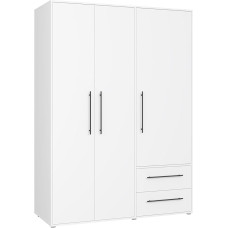 FORTE Jupiter 140 150 Baltos spalvos spinta su pasukamomis durimis, 3 durys, 2 stalčiai ir lentynos, balta, 145 cm pločio x 59 cm gylio x 200 cm aukščio