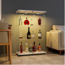 FANYUSHOW Baltos spalvos stiklinė vitrina - vitrina su stiklinėmis durelėmis, 5 mm grūdinto stiklo kolekcionieriaus vitrina - stiklinė vitrina, lentyna, stiklinė spintelė su apšvietimu 125 x 79 x 36,5 cm