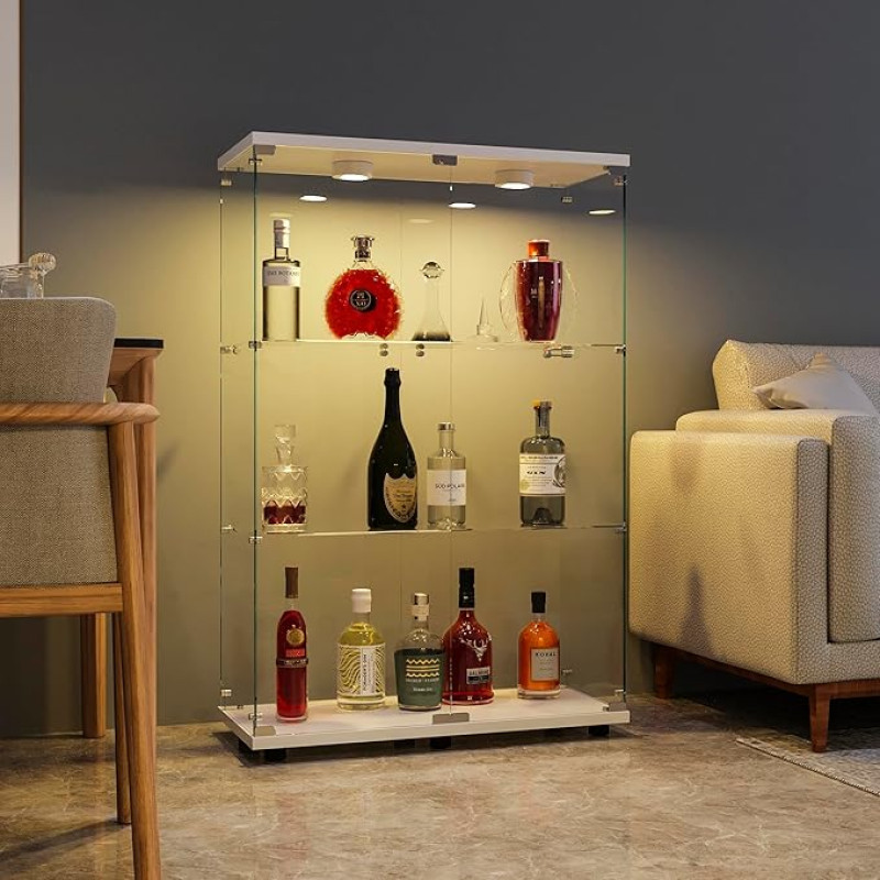 FANYUSHOW Baltos spalvos stiklinė vitrina - vitrina su stiklinėmis durelėmis, 5 mm grūdinto stiklo kolekcionieriaus vitrina - stiklinė vitrina, lentyna, stiklinė spintelė su apšvietimu 125 x 79 x 36,5 cm