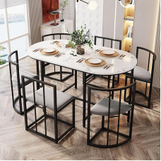 Gegtuon Dining Table 7-Piece for 6 People, 140 x 80 x 76 cm, Round Dining Table with 6 Chairs and Table, Modern Kitchen Table, Metal Frame with Backrest, Dining Set for Dining Room, Living Room, Kitchen, Black