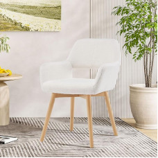 Rašomojo stalo kėdė be ratukų Tuštybės kėdė Patogus akcento kėdė gyvenamajam valgomajam miegamajam Namų biuras Vidurio amžiaus modernus minkštas fotelis su medinėmis kojomis (vilna balta, 1)