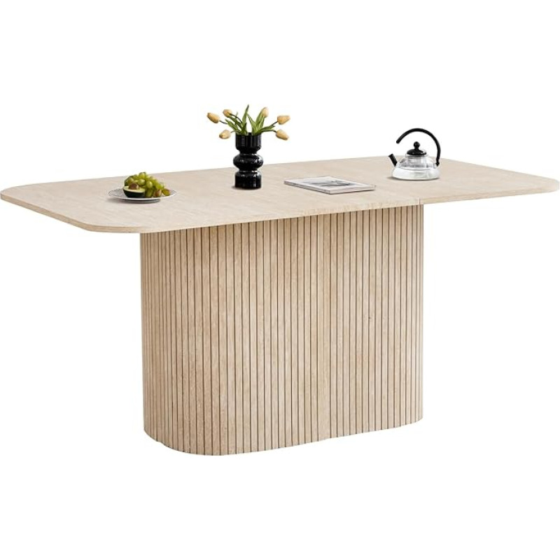 Šiaurės šalių modernus stačiakampis valgomojo stalas, 160 x 90 x 75 cm, MDF virtuvės stalas su romėniškų kolonų stiliaus kojomis, lentjuostės, 4-8 sėdimos vietos, geltona travertino danga