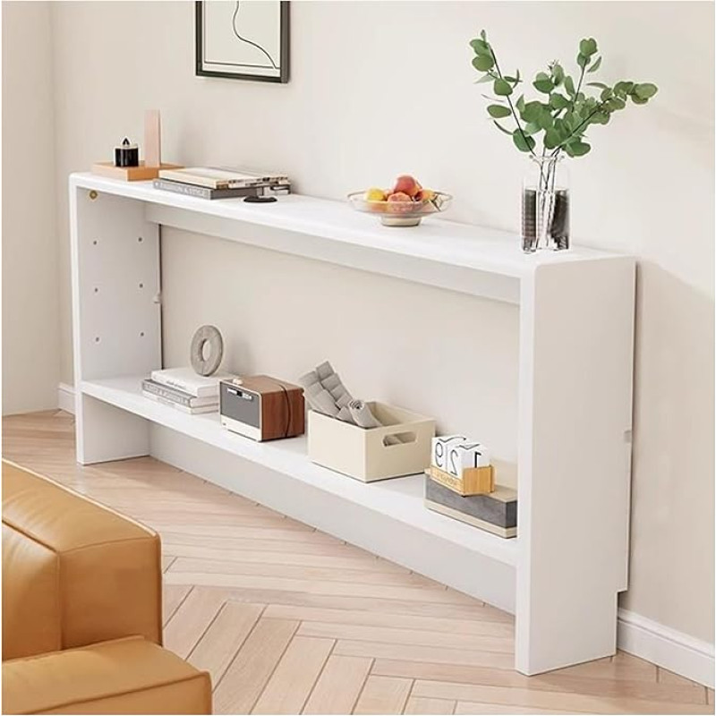 Siauras sofos staliukas, konsolinis staliukas už sofos, lentyna iš medžio masyvo sofos atlošui, 2 pakopų akcento staliukas prieškambaryje, prieškambaryje, svetainėje (baltas - 100 x 15 x 69 cm)