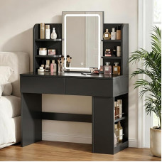 JUMMICO tualetinis staliukas su veidrodžiu ir apšvietimu, 3 spalvų LED apšvietimas, 2 stalčiai, šoninė spintelė, juodas, 135 x 90 x 40 cm