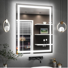 TETOTE Bathroom Mirror with Lighting, 70 x 90 cm, Illuminated, Anti-Fog Bathroom Wall Mirror, Without Frame, Bathroom Mirror with LED Touch Switch, 3 Light Colours, Dimmable Memory Function