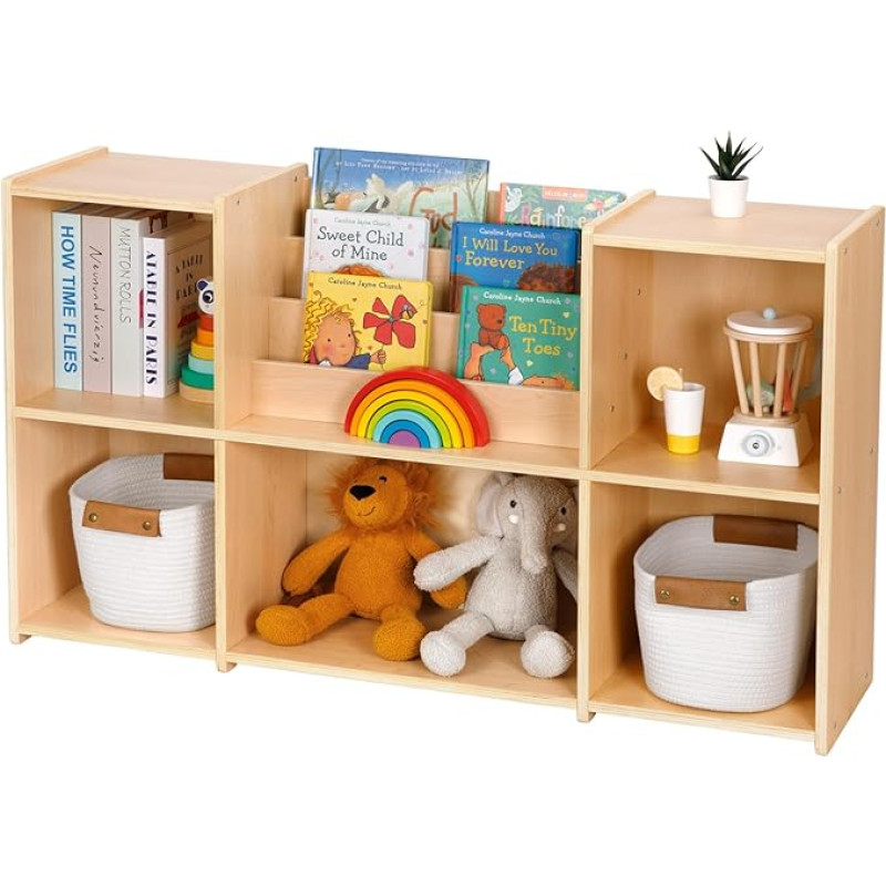 OOOK Montessori knygų spinta ir žaislų organizatorius, 2 aukštų horizontali knygų spinta, žaislų laikymo spinta su 5 skyriais ir knygų lentyna, idealus pasirinkimas vaikų kambariui, žaidimų kambariui