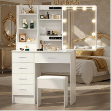 Kosmetinis staliukas su apšvietimu ir taburete, 6 stalčiai ir 6 skyriai, 80 x 36 x 130 cm, kosmetinis staliukas su stumdomu veidrodžiu, 3 šviesios spalvos, skirtas miegamajam