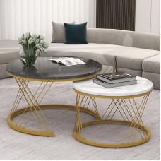 Generisch Modernes Couchtisch Set Rund in Marmor Optik - 2er Satz Beistelltische mit Gold Gestell, Stapelbare Nesting Tables für Wohnzimmer, Platzsparend & Stabil, Einfache Montage, 70x45cm & 45x40cm