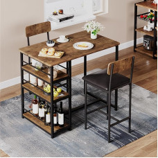 3-Piece Bar Table with Bar Stool Set, Dining Table with 3 Shelves and 2 Padded Bar Stools with Backrest, Industrial Bar Table, Kitchen Table Seating Set for Dining Room, Kitchen, Living Room
