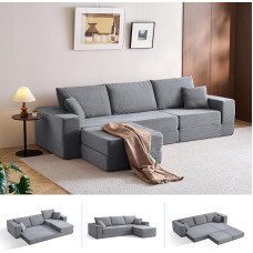 LINSY HOME Corner Sofa with Sleep Function - Floor Sofa Bed with Pillow Back Support Armrest - Folding Sofa Bed - Compressed Sofa in Box - Cord Fabric for Living Room Bedroom (Grey)