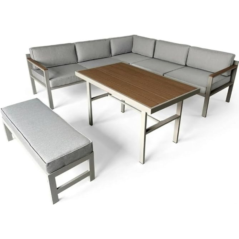greemotion - Miami Garden Lounge Set Aluminium Wood Look Including Cushions and Table 142 x 75 x 64,5 cm - Lounge Set Weatherproof - For Garden & Patio - Modern, Grey