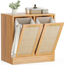 Pamapic Wäscheschrank mit 2 Abnehmbaren Wäschekörben, Magnetverschluss & Echtes Rattan-Design, Badschrank mit Wäschekorb, Wäschekorb Schrank Kippschutz, 66 x 39,5 x 68 cm, Holzfarbe