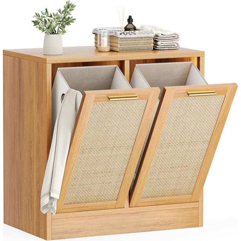 Pamapic Wäscheschrank mit 2 Abnehmbaren Wäschekörben, Magnetverschluss & Echtes Rattan-Design, Badschrank mit Wäschekorb, Wäschekorb Schrank Kippschutz, 66 x 39,5 x 68 cm, Holzfarbe