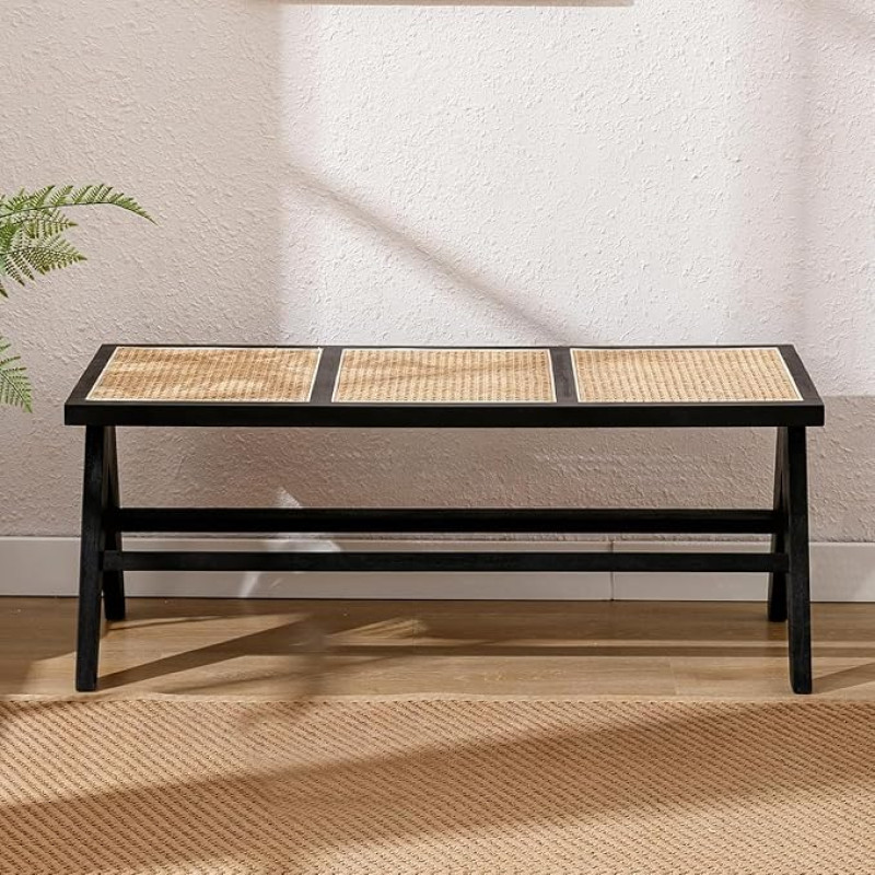 Ya-Home Rattan Dining Table Bench with Solid Wood Legs, Breathable Entrance Bench, Dining Room Bench, Kitchen Bench without Backrest for Dining Room/Balcony/Hallway, Black