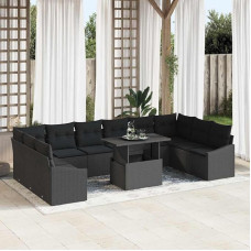Garten Sofa Set Poly Rattan 11 teilig schwarz mit abnehmbaren Kissen für Terrasse und Eck- sowie Mittelplätzen inklusive Tisch mit verstellbarem Sicherheitsglas