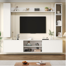 180 cm televizoriaus sieninis komplektas su vitrina, multimedijos sienelė, įskaitant TV lentyną, pastatomą lentyną ir 2 sienines lentynas, televizoriaus lentyna, TV spintelė, televizoriaus svetainės baldų komplektas, pastatomas ir pakabinamas, baltas