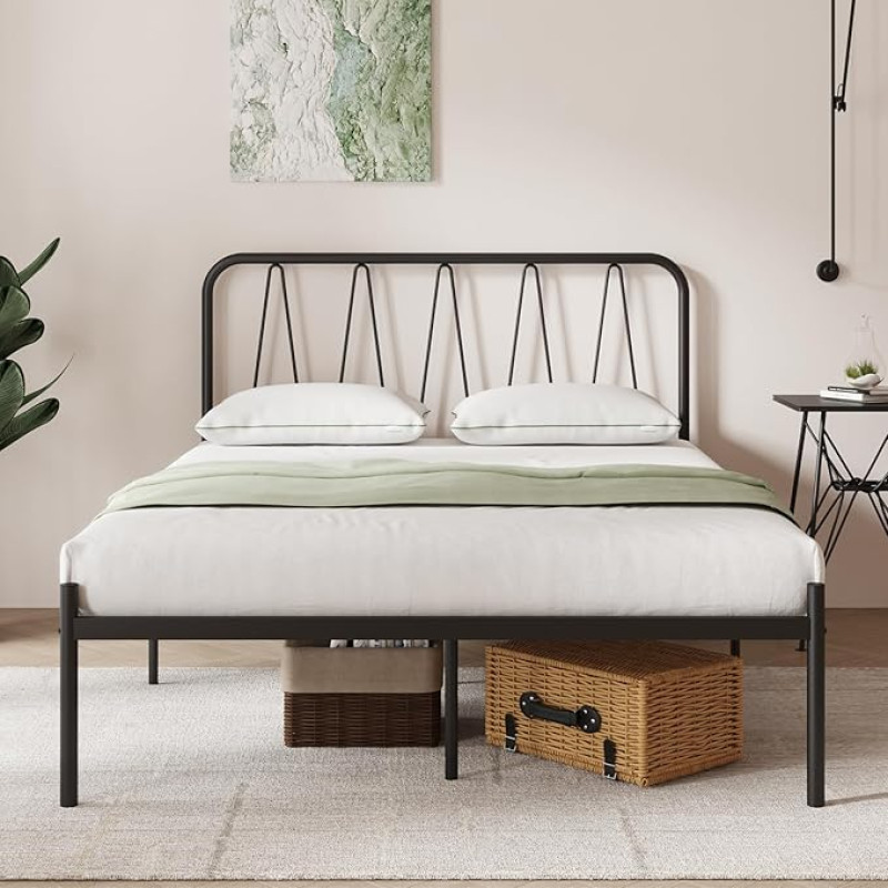 Novilla Bettrahmen 120 x 200 cm, Bettgestell mit Lattenrost aus Metall, Kopfteil mit Wellenmuster im modernen Stil,Modern Gästebett, Schwarz