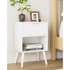Medinis naktinis staliukas, staliukas su saugykla, naktiniai staliukai su 1 stalčiumi ir atviru skyriumi, naktinė spintelė miegamajame, svetainėje, balta