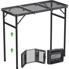 GARLLEN Foldable Grill Table, 90 x 40 cm and 3 Height Adjustable (27/51/75 cm), Lightweight and Portable, Folding Table, Camping Table, Side Table, Garden Table, Picnic Table, Small Grill Table for Camping (3 Compartments)
