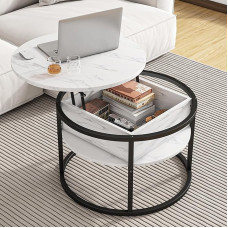 HOJINLINERO Round Coffee Table, Height Adjustable, Living Room Table with Hidden Storage Space, with Lifting Plate, Coffee Tables, Couch Table, Coffee Table, Round Wood (White)
