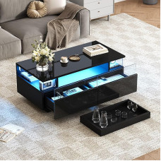 Merax Coffee Table in High Gloss Black, Modern Living Room Table with LED, Sofa Table Coffee Table with 2 Drawers, Removable Tray, Transparent Display Cabinets, Rectangular Side Tables for Living Room