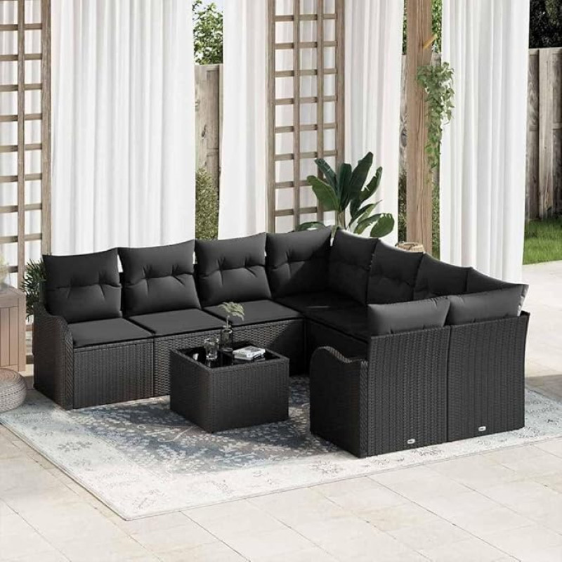 Modernes Gartensofa-Set 9-teilig schwarz Poly-Rattan mit Kissen für Terrasse und Garten, Outdoor-Sofa-Set mit Ecksitzen und Tisch, modernes Gartenmöbel-Set