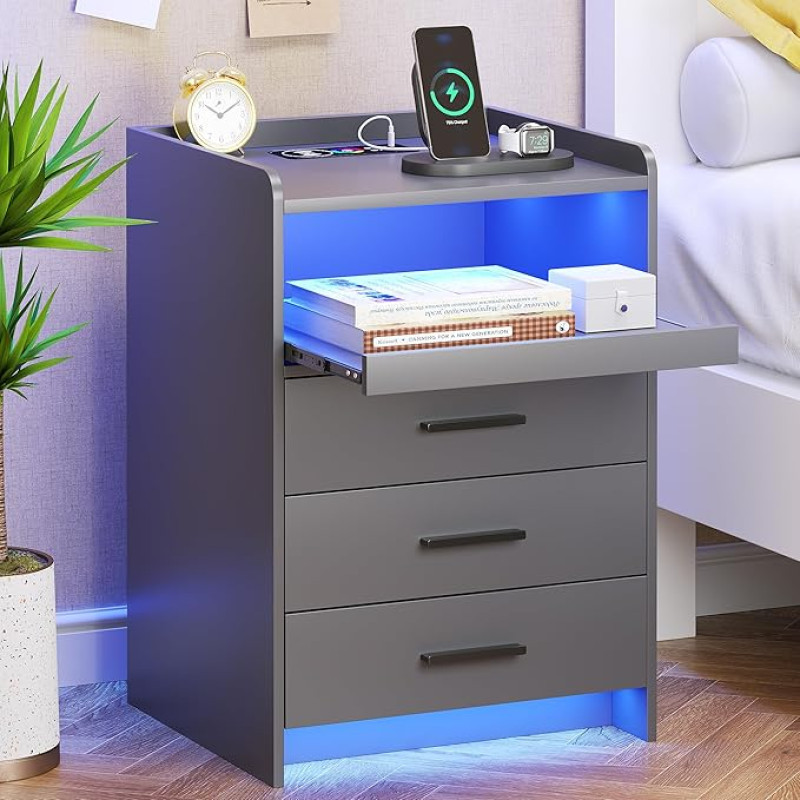 FREDEES Pilkas naktinis staliukas su įkrovimo stotele ir LED lemputėmis, naktinis staliukas su 3 stalčiais, modernus naktinis staliukas su saugykla miegamajame, svetainėje