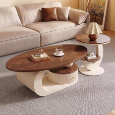 Luxuriöses Couchtisch-Set, 2-teilig, Bauernhaus-Couchtisch, mit Schubladen und Aufbewahrungsboden, mit gebogenem Boden, mit Schublade und runden Beistelltischen für Zuhause, 002, 100 cm