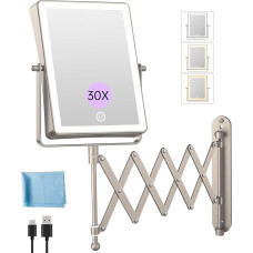 FASCINATE įkraunamas kosmetinis veidrodis su apšvietimu, tvirtinamas prie sienos, 5000 mAh baterija, dvipusis (1x/30x didinimas), 3 šviesos spalvos, reguliuojamas apšvietimas, pasukama ranka 360° kampu, skirtas vonios kambariui